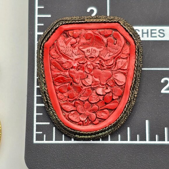 VTG Red Cinnabar Floral Carved Brooch Pin Silver Filigree & Rope Edge China - Picture 7 of 7